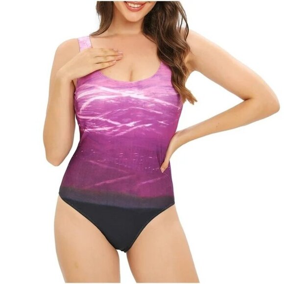NWOT Ombre Purple Color Criss Cross Lace Up Back High Cut One Piece Bathingsuit - Picture 1 of 9